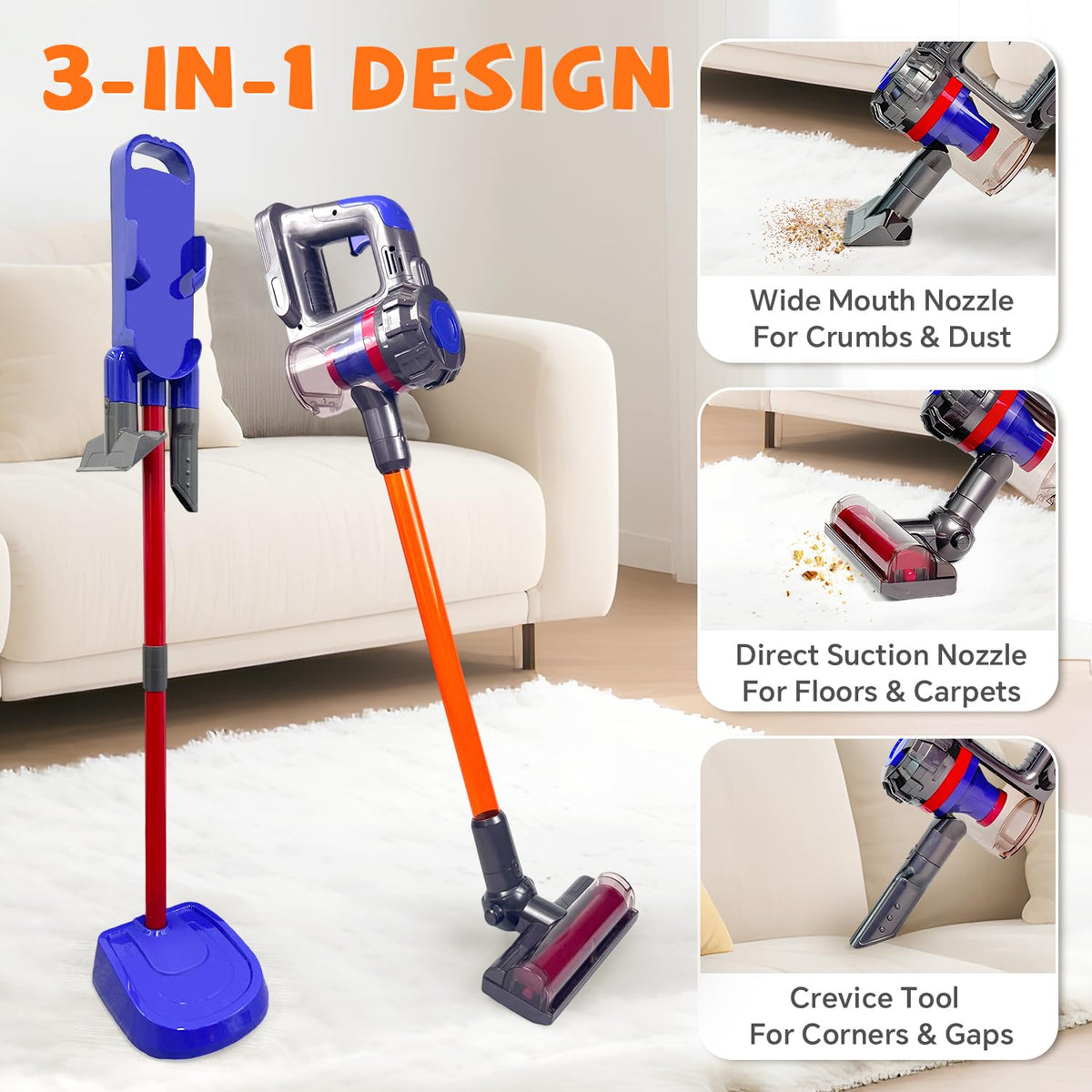 Baymi 3-in-1 kids vacuum interchangeable nozzles for easy task switching