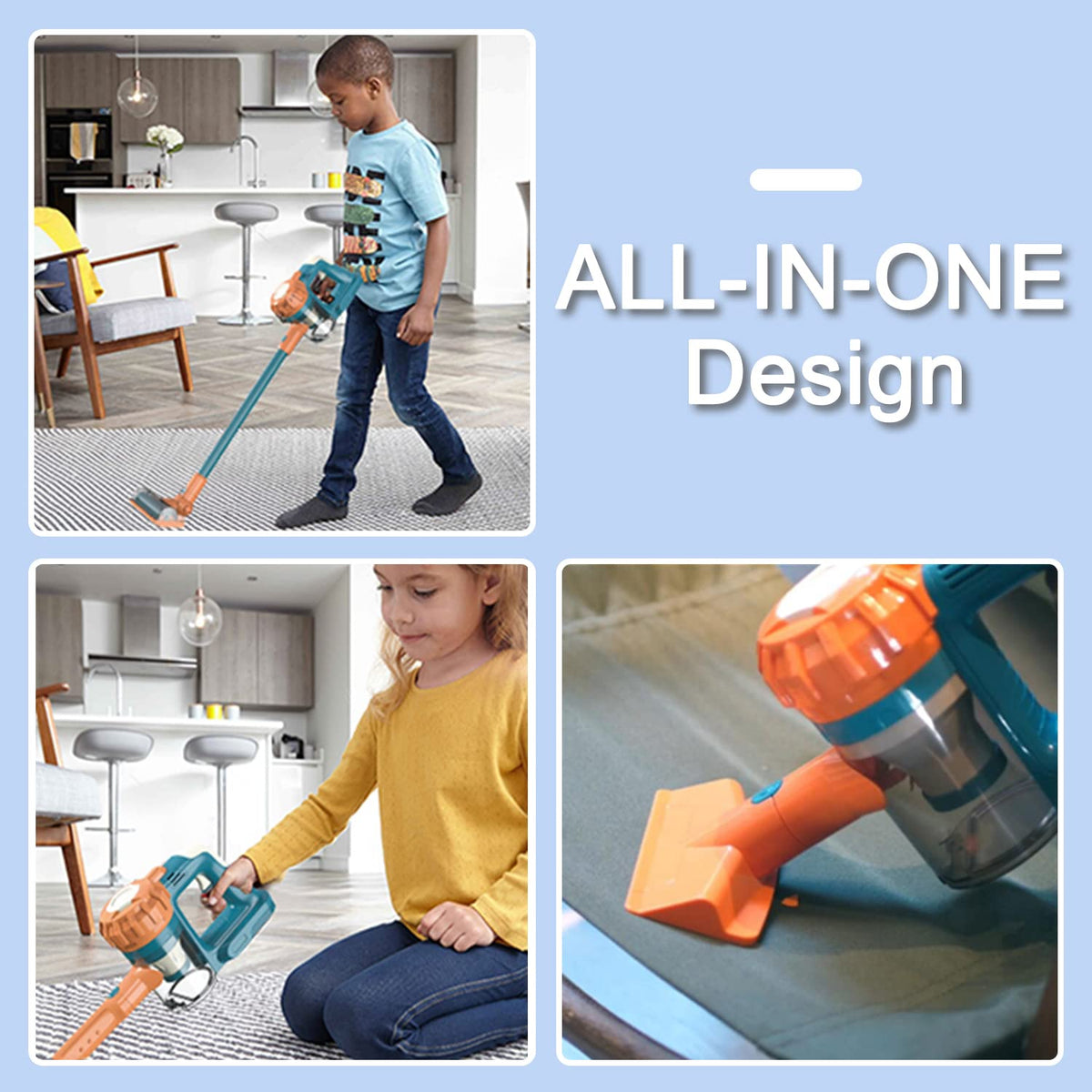 Baymi 3-in-1 kids vacuum side angle shows lightweight design for easy mobility.