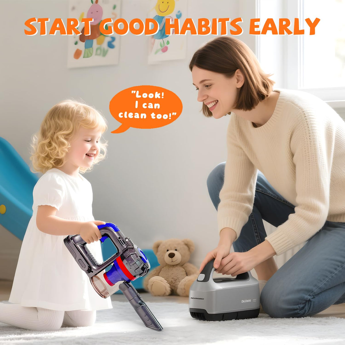 Baymi 3-in-1 kids vacuum storage rack keeps accessories organized during play