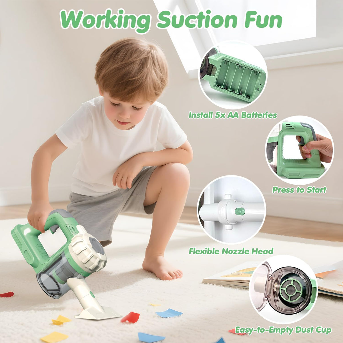 BAYMI close-up of the green vacuum highlighting kid-friendly design.