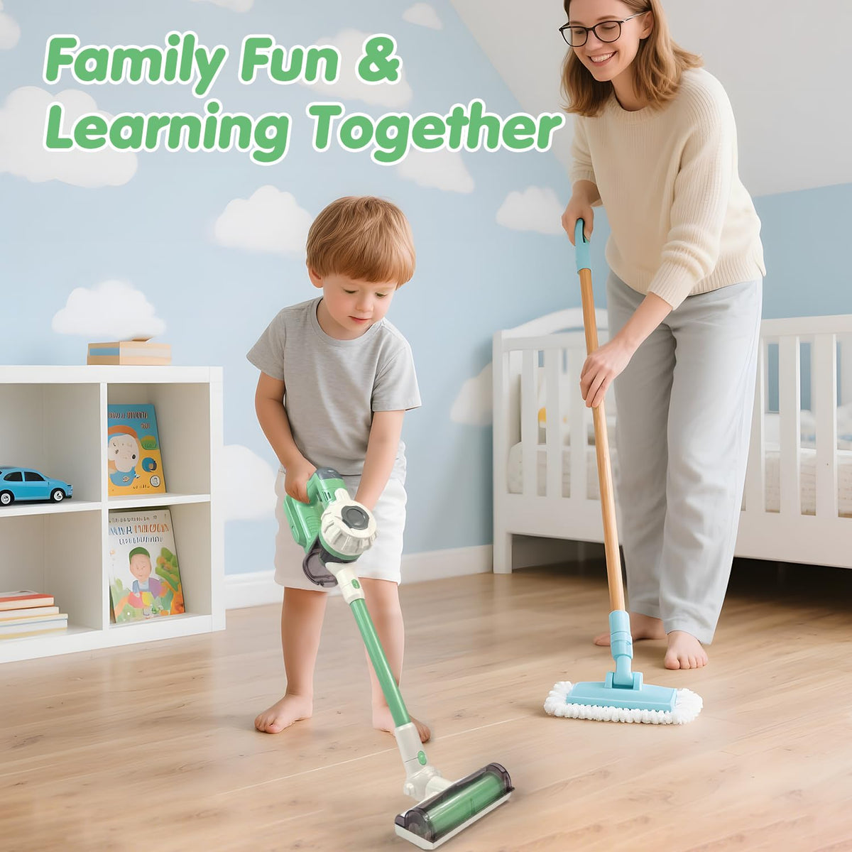 BAYMI storage rack keeps vacuum parts organized after playtime.
