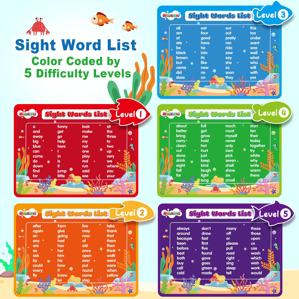 BAYSING color-coded fish levels for easy step-by-step reading practice.