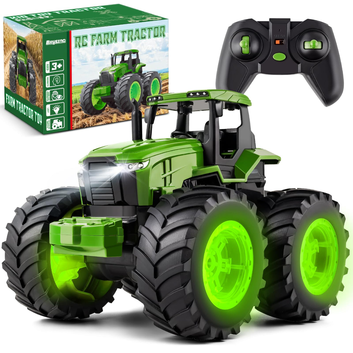 BAYSING remote control tractor toy with glowing wheels for immersive farm play.