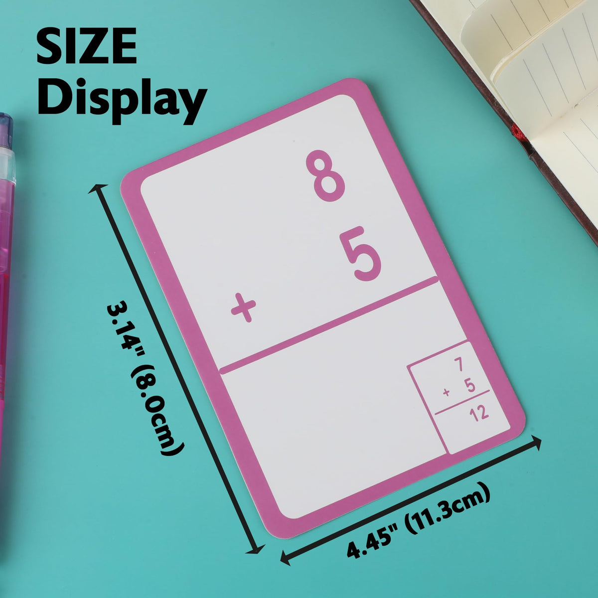BAZIC Products addition flash cards deck shown with quick self-check format