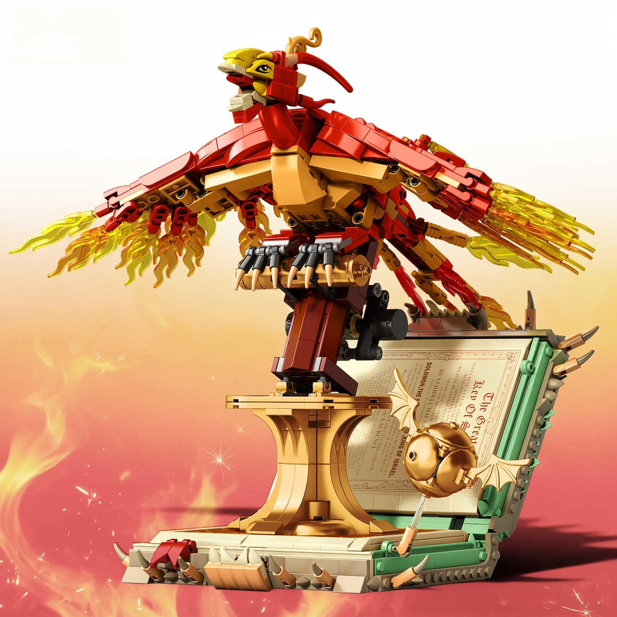 BBEUU Moc Fire Phoenix atop an open book base with vivid colors and detailed craftsmanship