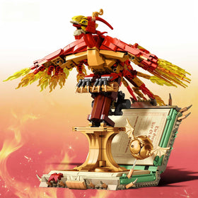 BBEUU Moc Fire Phoenix atop an open book base with vivid colors and detailed craftsmanship
