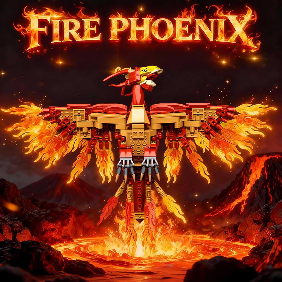 BBEUU Moc Fire Phoenix wings in motion for a dynamic shelf display