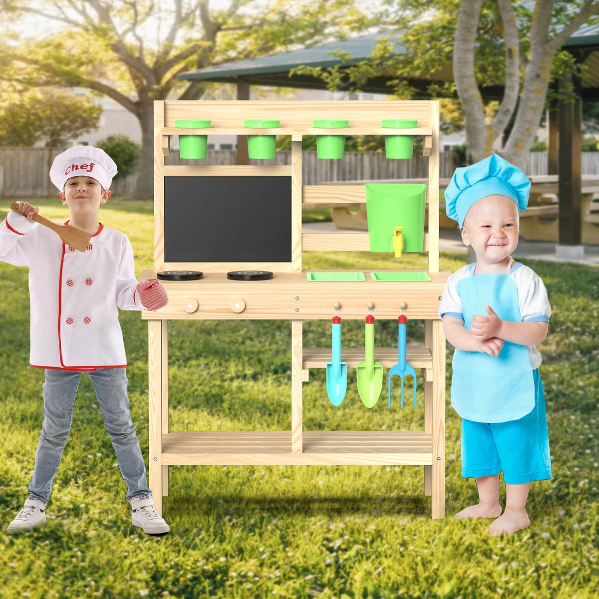bbgroundgrm cedar wood play kitchen chalkboard front encourages drawing recipes and menus during outdoor play.