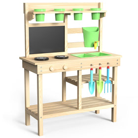 bbgroundgrm cedar wood outdoor play kitchen water faucet invites kids to splash and mix pretend recipes.