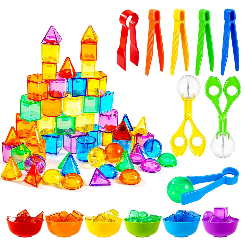 Bbiamsleep geometric solids on a light table for counting and sorting.