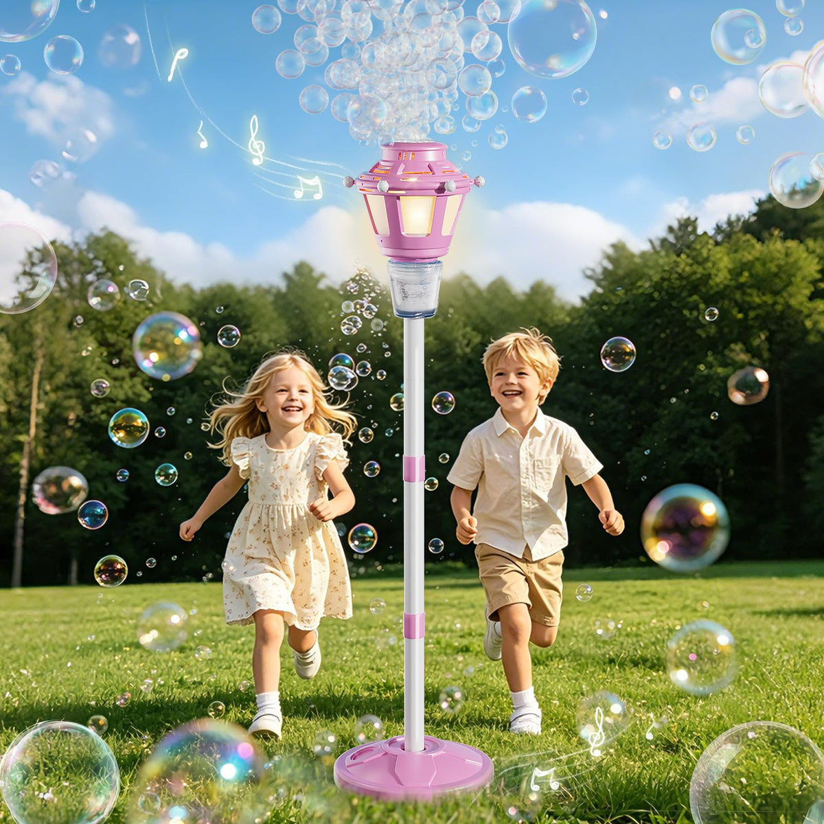 BBnote Street Lamp Bubble Machine emits colorful bubbles outdoors for family fun