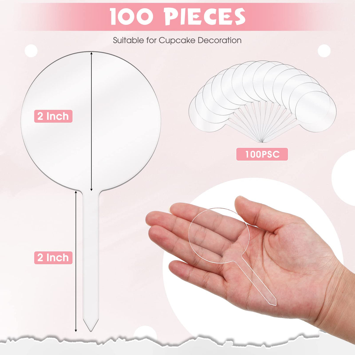 BBTO clear 2-inch round toppers ideal for DIY cake decor.