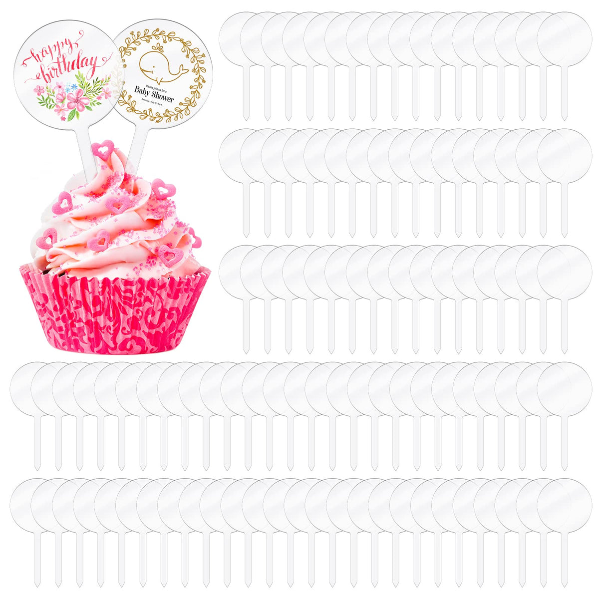 BBTO blank round cupcake toppers with sticks for customization.