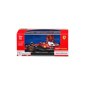 BBurago Ferrari 2025 season car with helmet, 1:43 scale model for display.