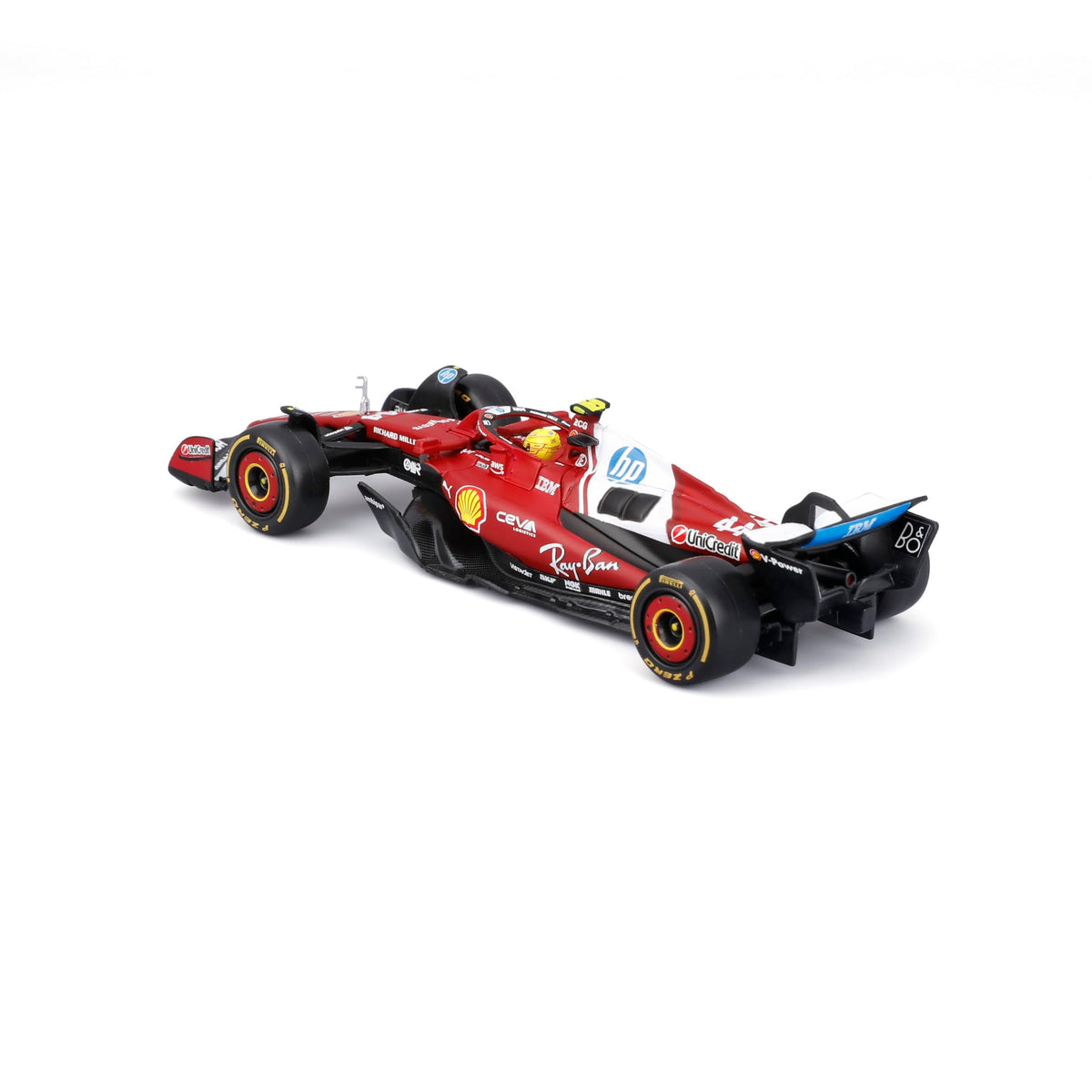 BBurago Ferrari 2025 season car with helmet, die-cast details you can inspect.
