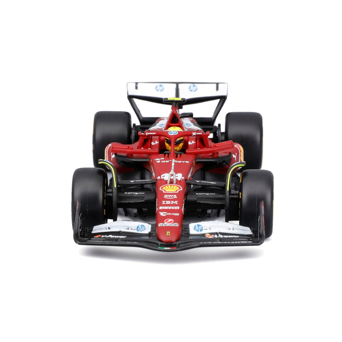 BBurago Ferrari 2025 season car with helmet, acrylic display box for premium presentation.