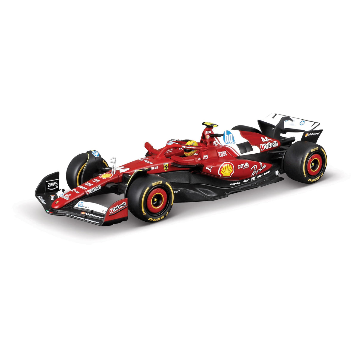 BBurago Ferrari 2025 season car with helmet, front view, great for desk display.