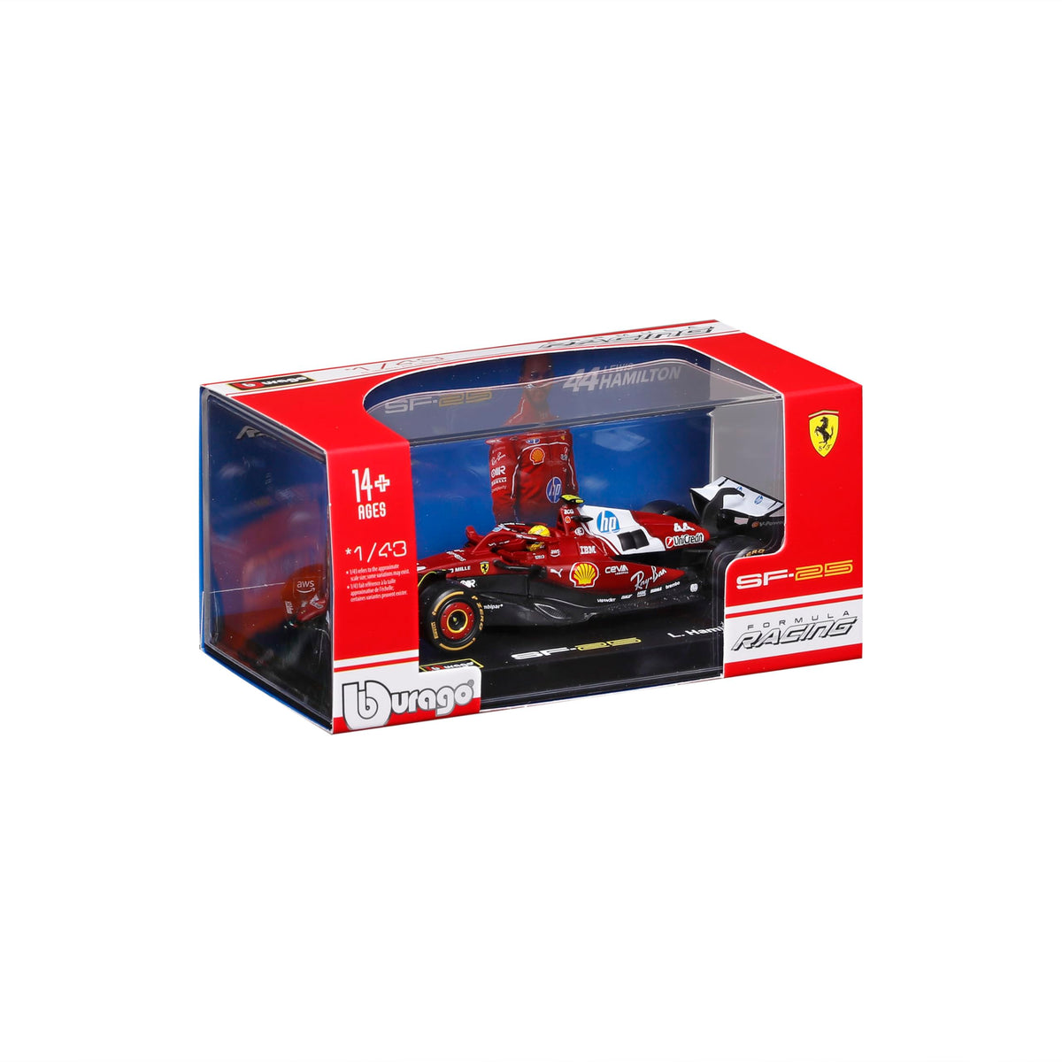 BBurago Ferrari 2025 season car with helmet, Hamilton #44 edition, collectible.
