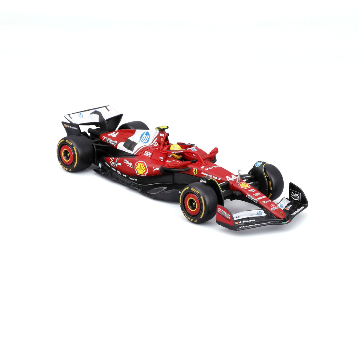 BBurago Ferrari 2025 season car with helmet, rear view, highlights back detailing.