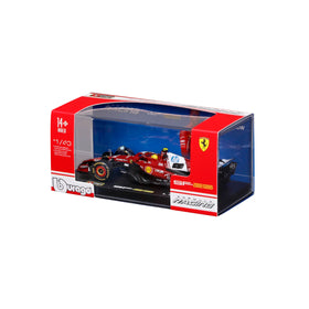 BBurago Ferrari 2025 season car with helmet, detailed cockpit and driver gear.