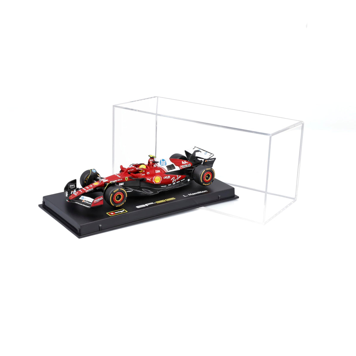 BBurago Ferrari 2025 season car with helmet, side view, ideal for shelf decor.