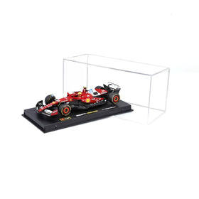 BBurago Ferrari 2025 season car with helmet, side view, ideal for shelf decor.