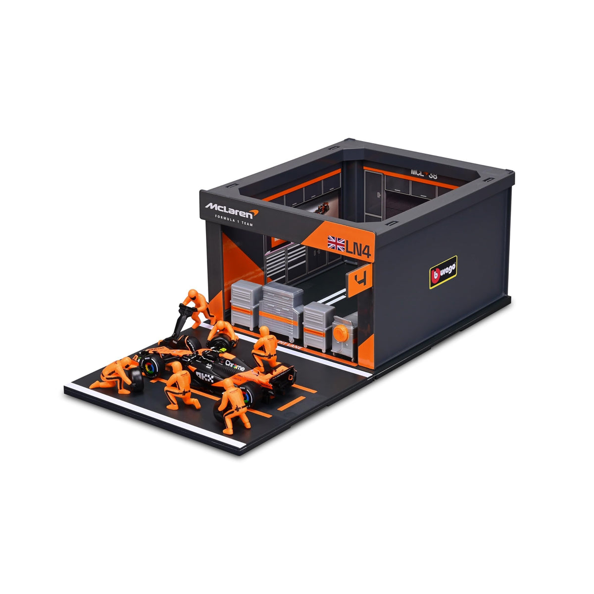 BBURAGO MCL38 6-piece pit crew figures enhance display scenes.