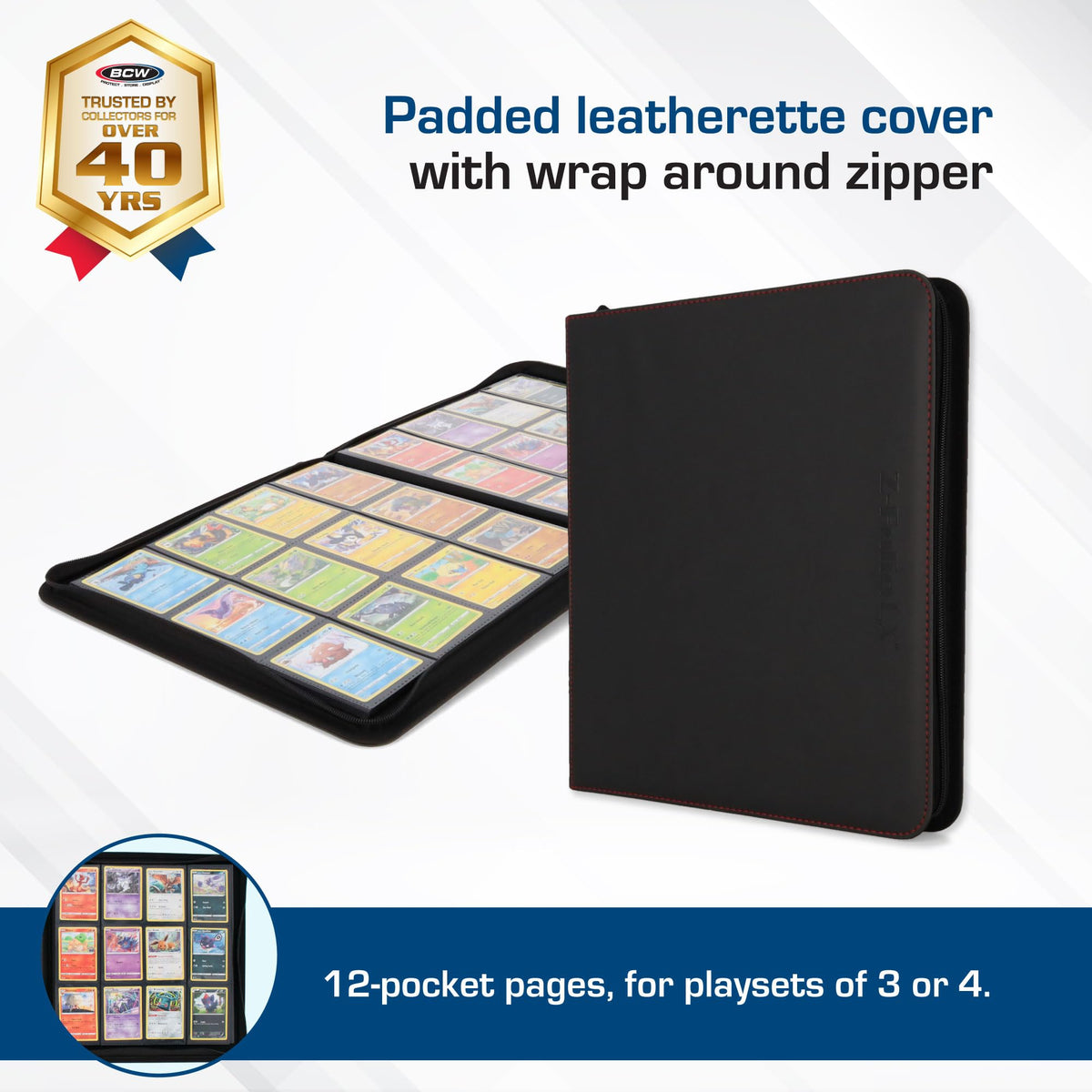 BCW zipper folio side view highlights secure wrap-around zipper for safe travel.