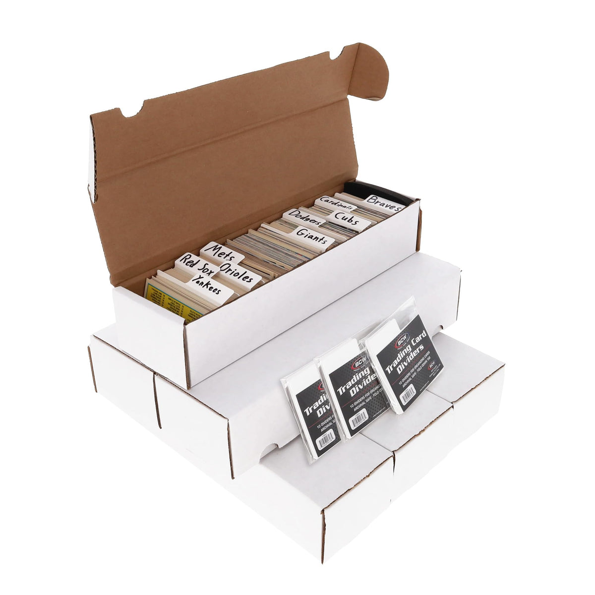 BCW 800ct storage boxes stacked for durable card organization.
