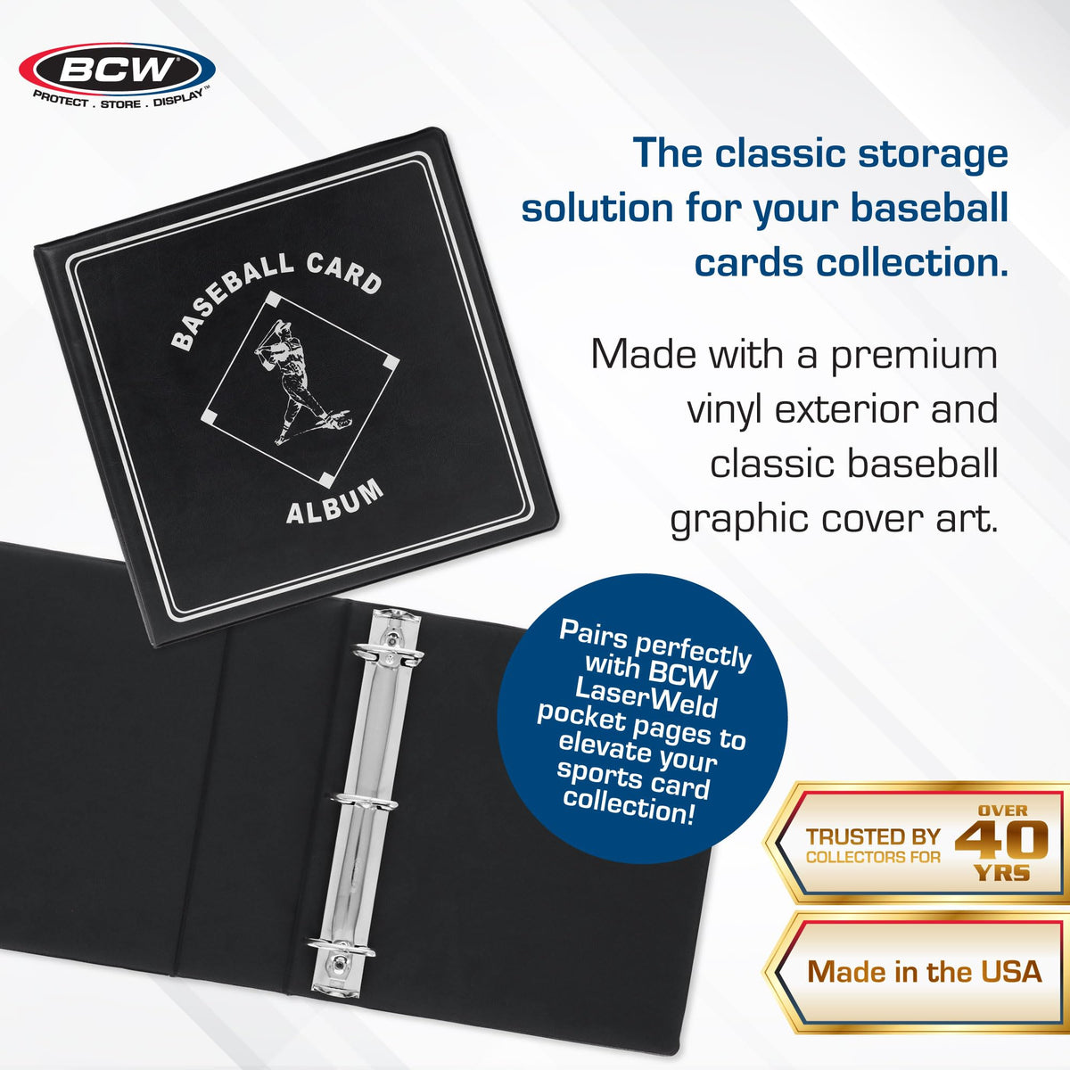 BCW baseball album close-up of heavy-duty D-ring for durability and smooth page turns