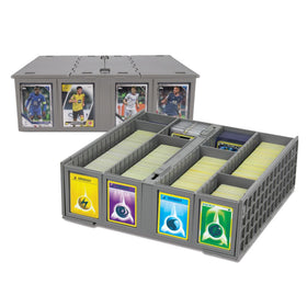 BCW Collectible Card Bin gray front view with dual hinged lids for easy access
