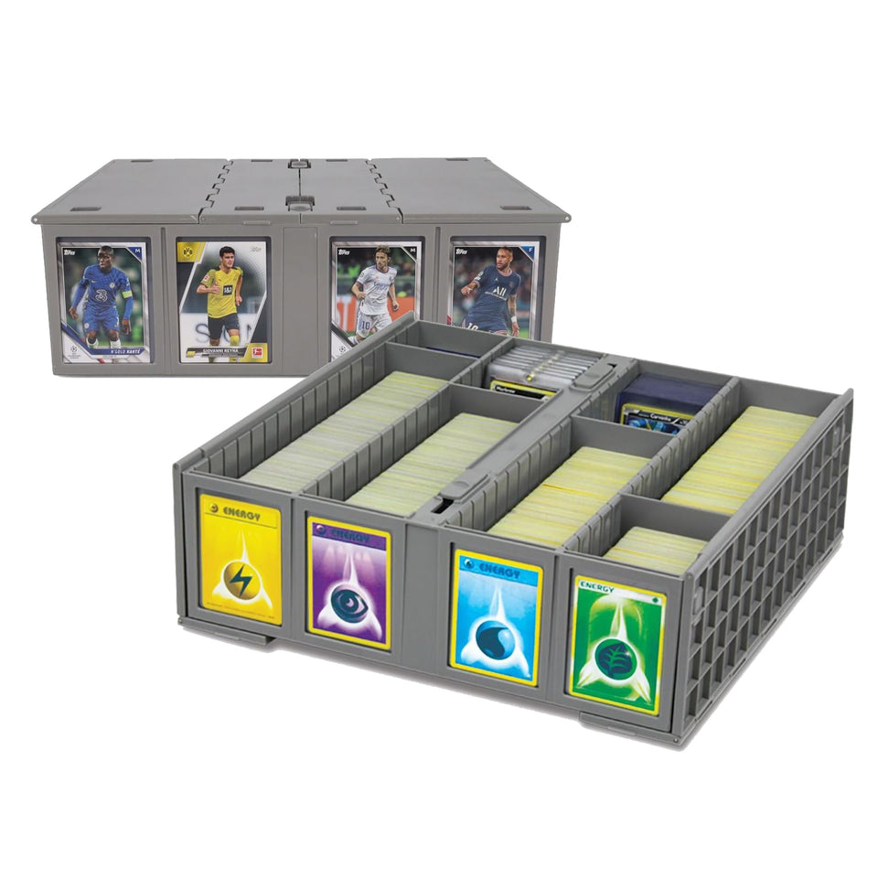 BCW Collectible Card Bin gray front view with dual hinged lids for easy access