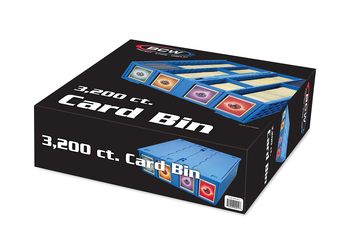Blue BCW card bin with four dividers enhances organization.