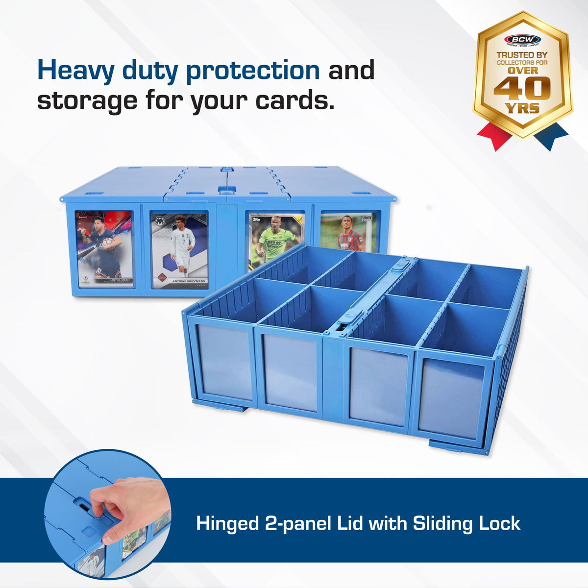 BCW blue bin with dividers keeps Pokémon MTG and sports cards neatly separated.