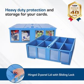 BCW blue bin with dividers keeps Pokémon MTG and sports cards neatly separated.