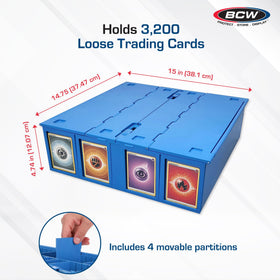 BCW blue bin lids open for quick access during sorting sessions.