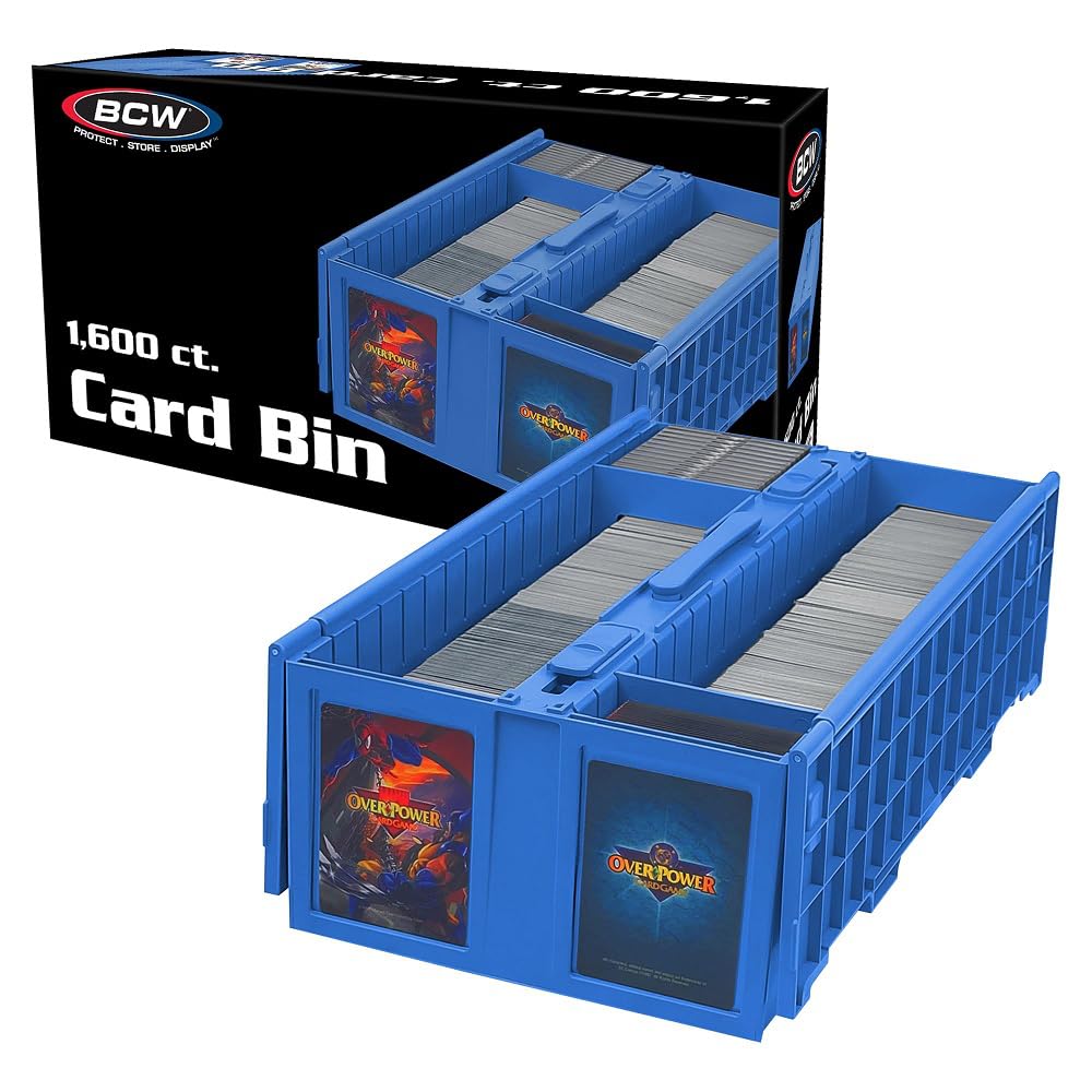 BCW Collectible Card Bin blue lid with secure hinged lid for dust protection.