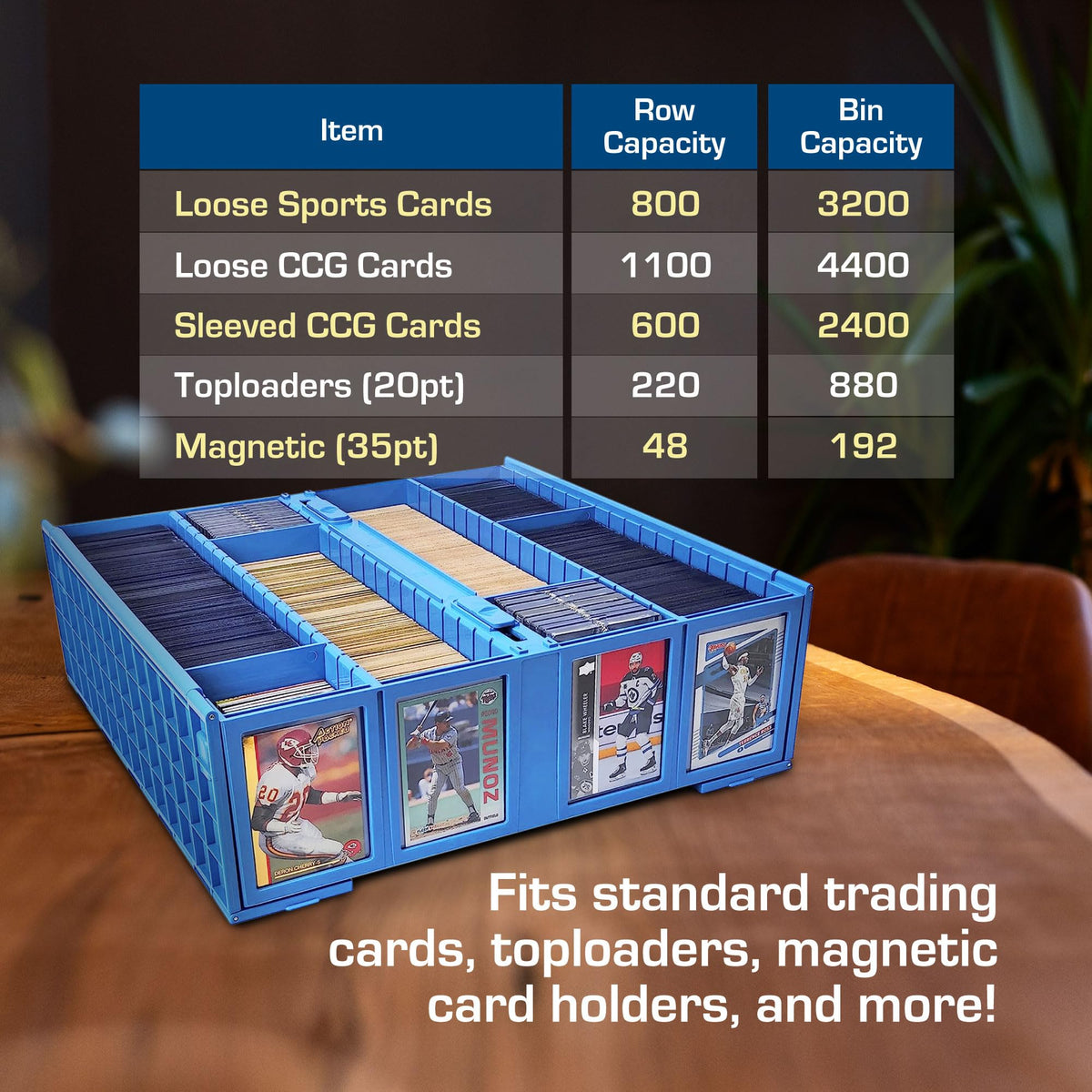BCW blue bin stackable design saves shelf space in game rooms.