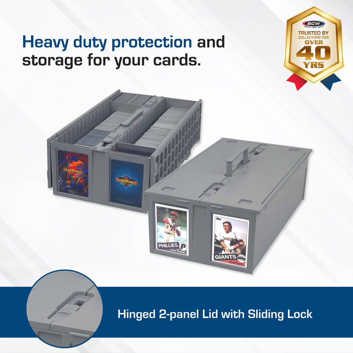 BCW Collectible Card Bin with lid closed highlighting secure locking for travel protection.