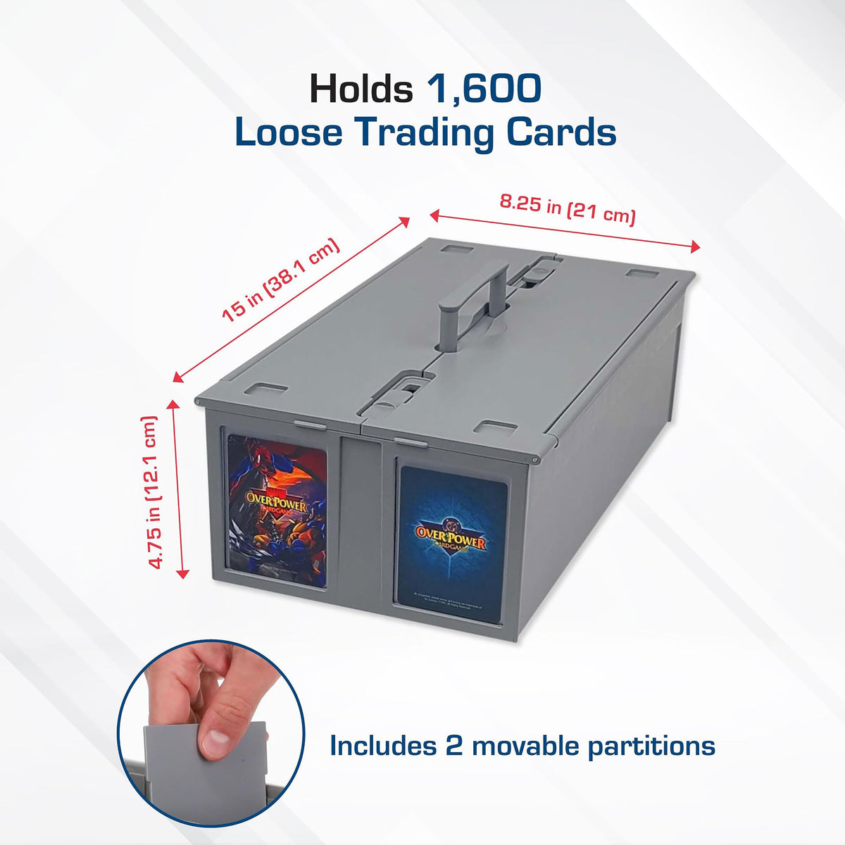 BCW Collectible Card Bin lid open reveals partitions for organized toploaders and deck boxes.
