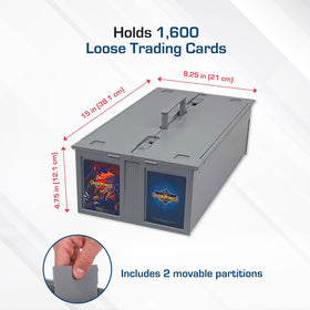 BCW Collectible Card Bin lid open reveals partitions for organized toploaders and deck boxes.