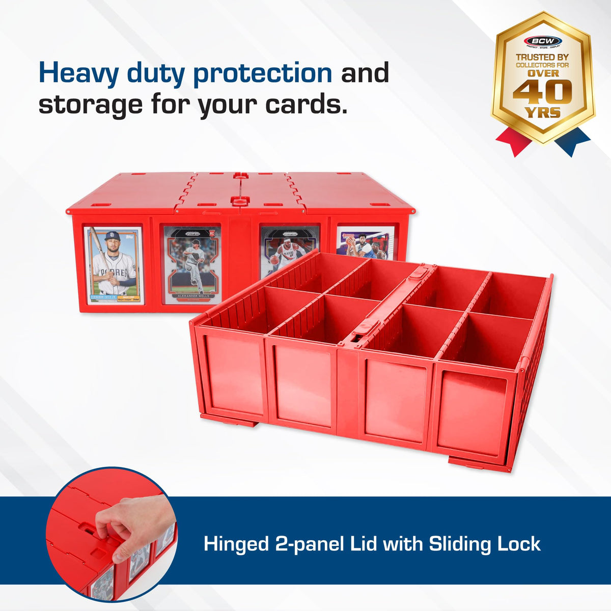BCW Collectible Card Bin Red dual lids open for quick access and secure latching.