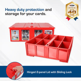 BCW Collectible Card Bin Red dual lids open for quick access and secure latching.