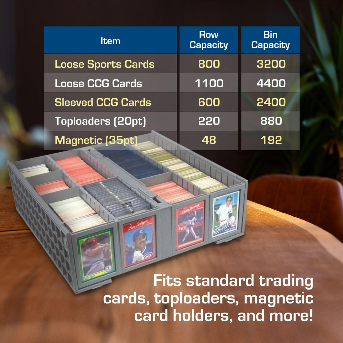 BCW Collectible Card Bin 3200-card capacity example with many cards neatly stored.