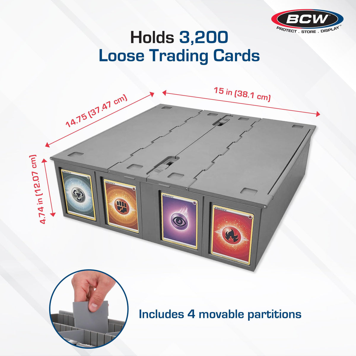 BCW Collectible Card Bin partitions row enables customizable organization for mixed card types.