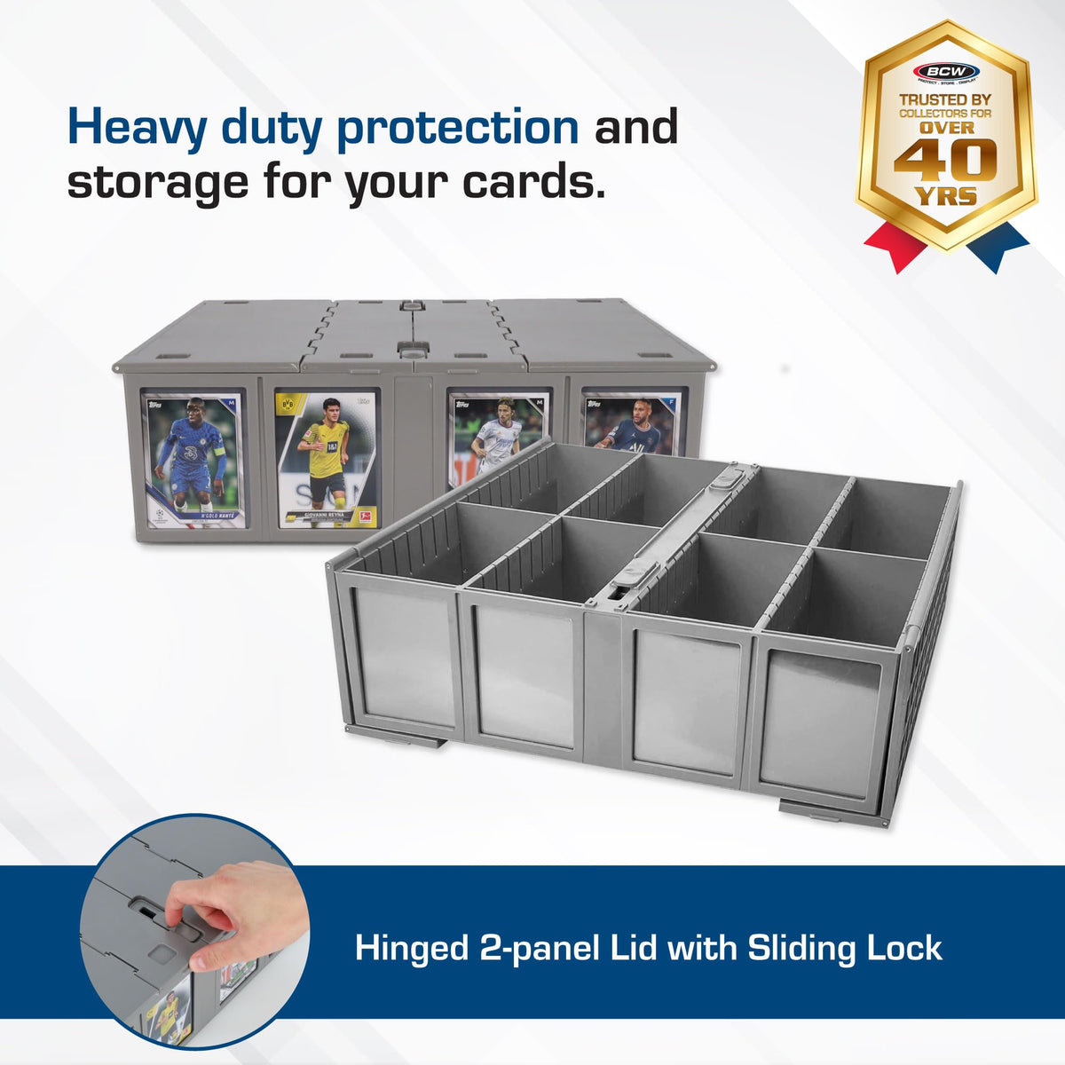 BCW Collectible Card Bin stackable design demonstrates space-saving organization for large collections.