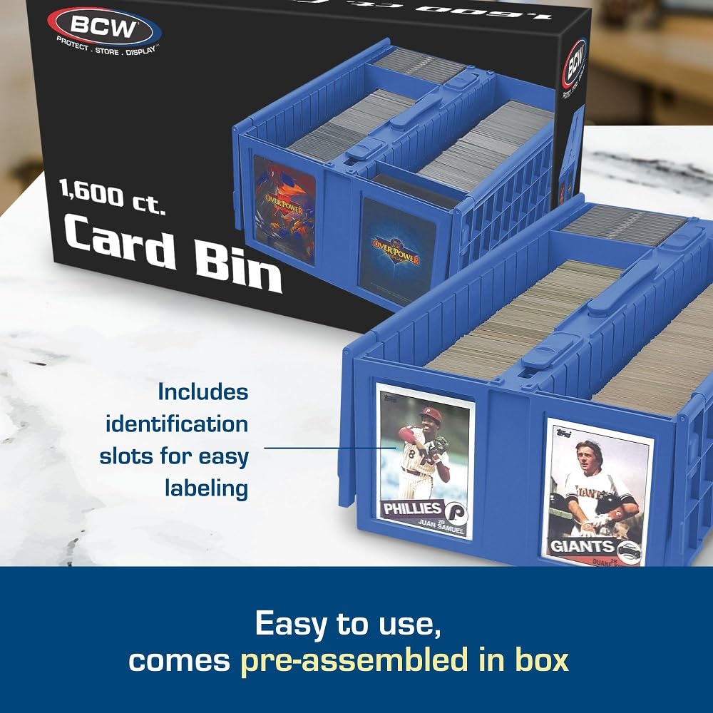 BCW blue card bin stackable design for easy transport.