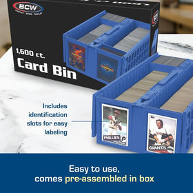 BCW blue card bin stackable design for easy transport.