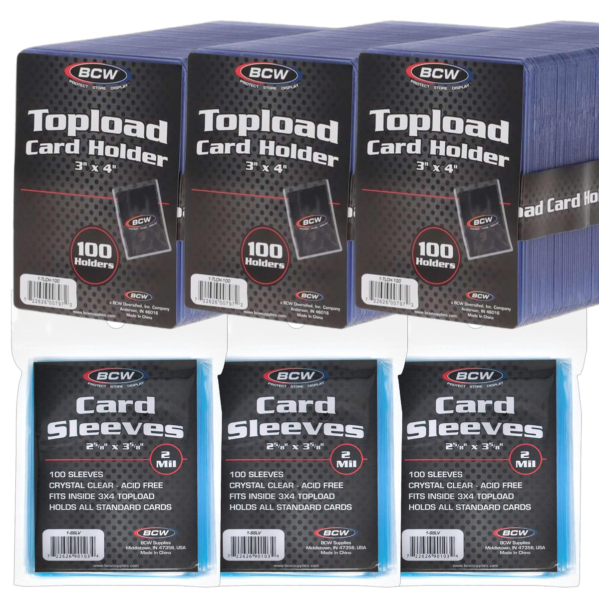 BCW combo pack front view shows sleeves and top loaders for organized card storage.