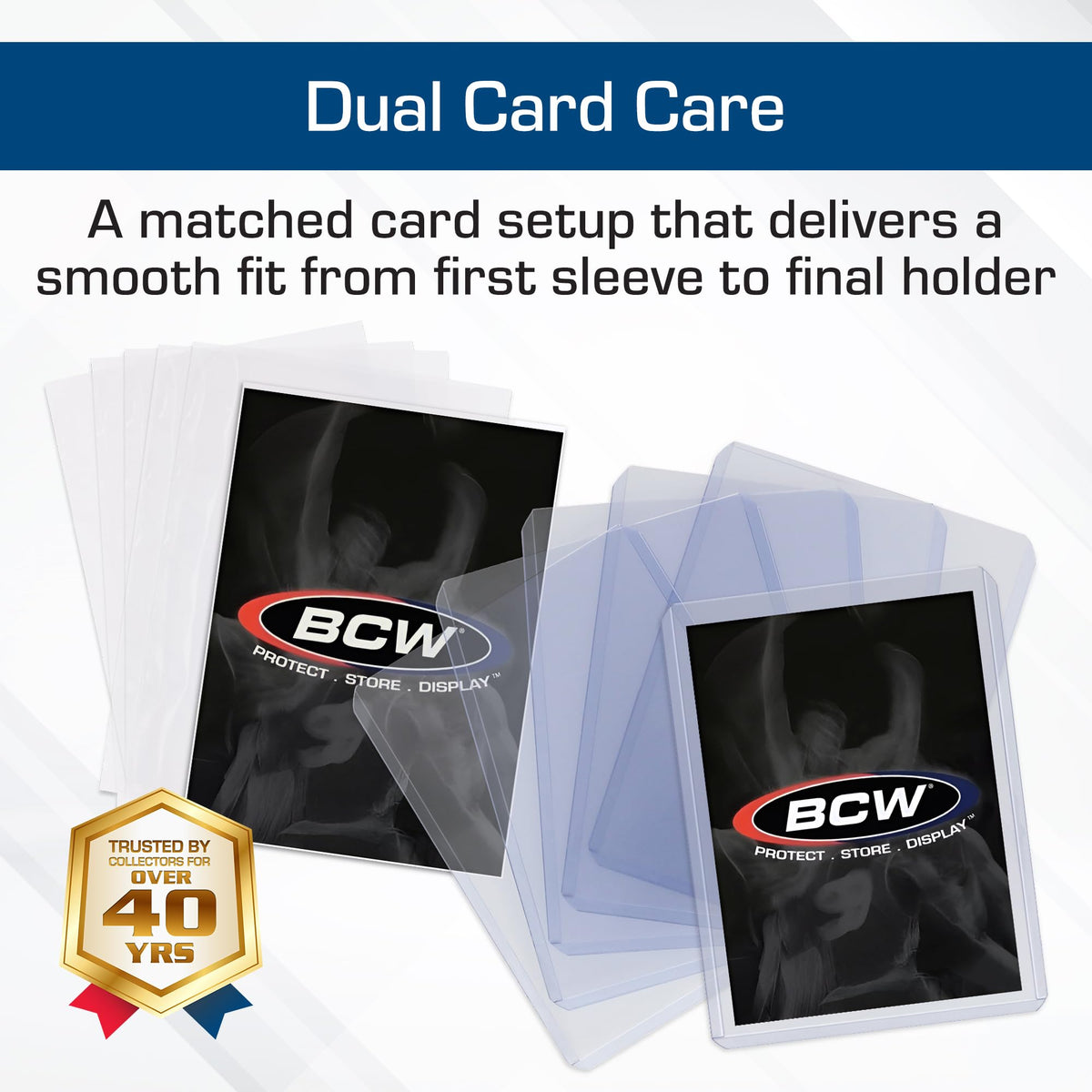 BCW crystal-clear sleeves protect photocard cards without glare.
